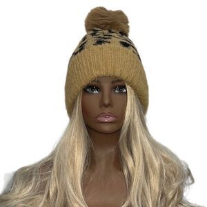 Ashley Stewart Brushed Animal Print Pom Pom Hat